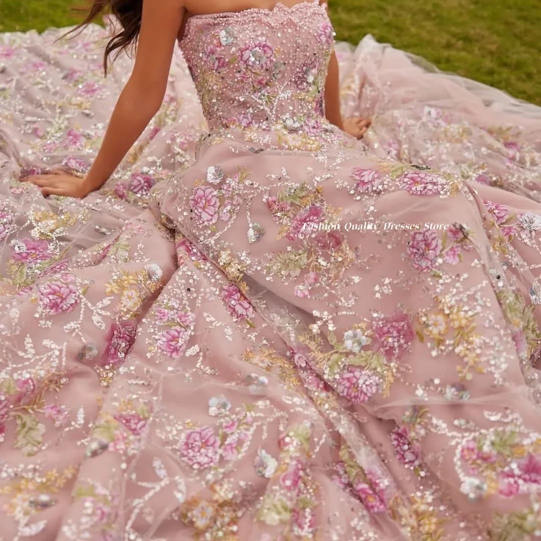 Women’s Evening Dresses 2026 Dusty Pink Floral Beaded Strapless Tulle A-Line Formal Prom Party Gowns for Women Customized