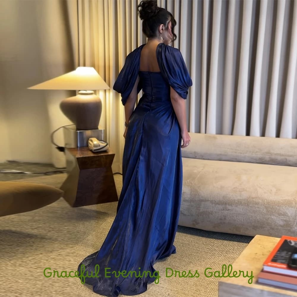 Classic Blue Satin Evening Dress Delicate Mermaid Off the Shoulder Customized Celebrity Gowns Fashion Sweep Train Party Dresses