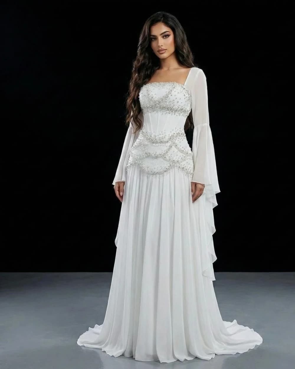 Customized Luxury Women Chiffon Beading Crystal A-line Evening Dresses High Quality Retro Square Neck Long Sleeves Prom Dresses