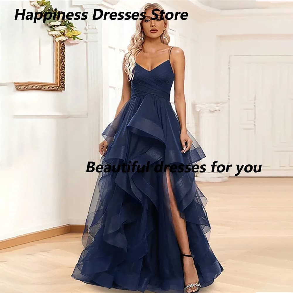 Sexy V-Neck Tulle Evening Dresses Customized Sleeveless Spaghetti strap Asymmetrical Hi-Lo Dresses Pleat Formal Piping Dresses