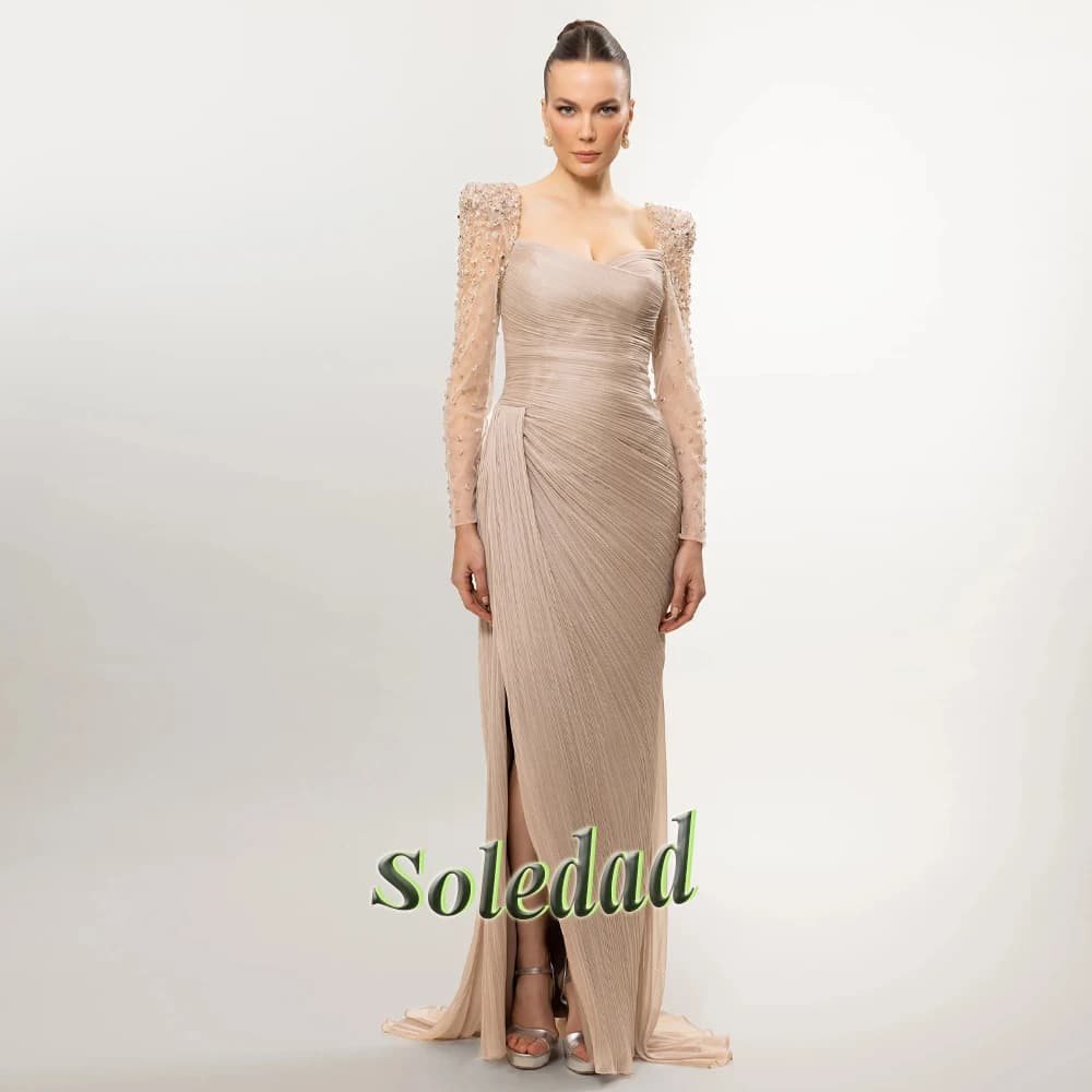 Soledad Classic Beaded Cap Sleeves Full Straight with Slit Pleated Sweetheart Prom Dress Tiered Vestidos De Gala 2026 Customized