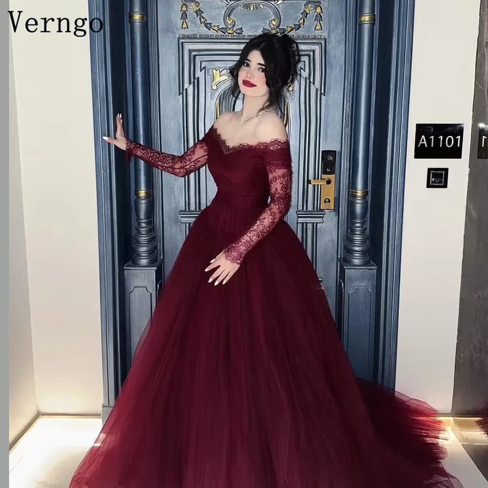 Verngo Burgundy Lace Evening Dress Off The Shoulder A Line Formal Occasion Dress Modern Maxi Prom Party Gowns Customized