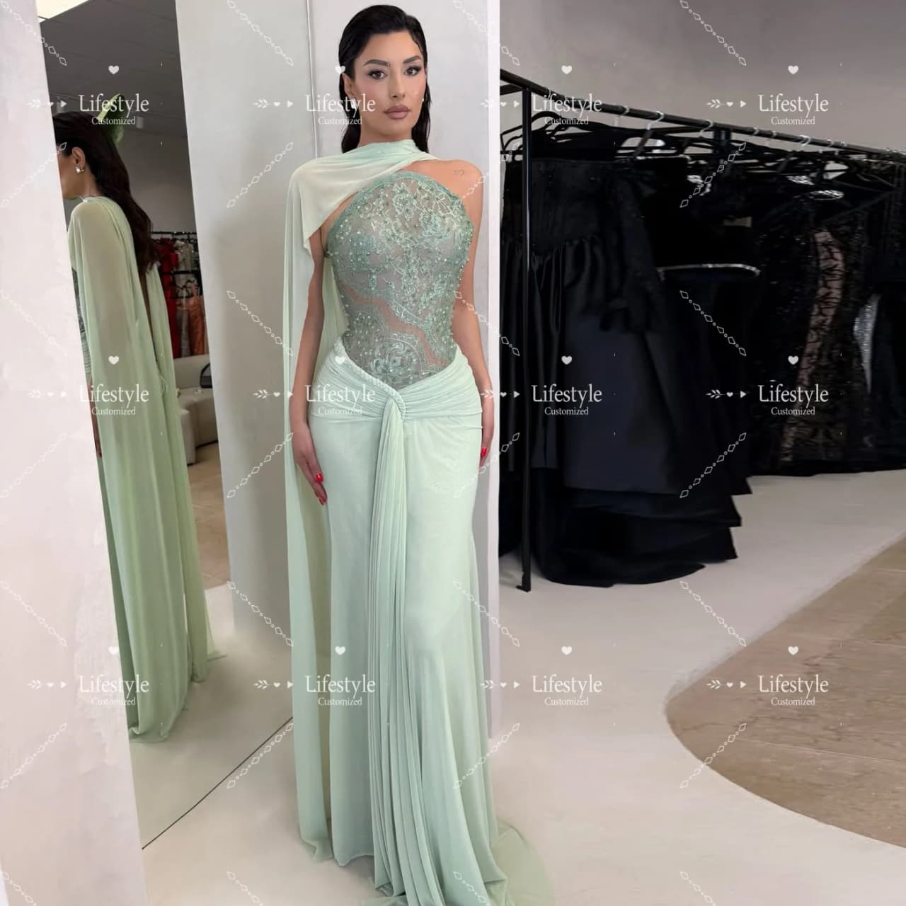 Customized Luxury Lace Sequined Formal Evening Dress Prom Gown with Cape Floor-Length Lace-up Elegant Party Dress