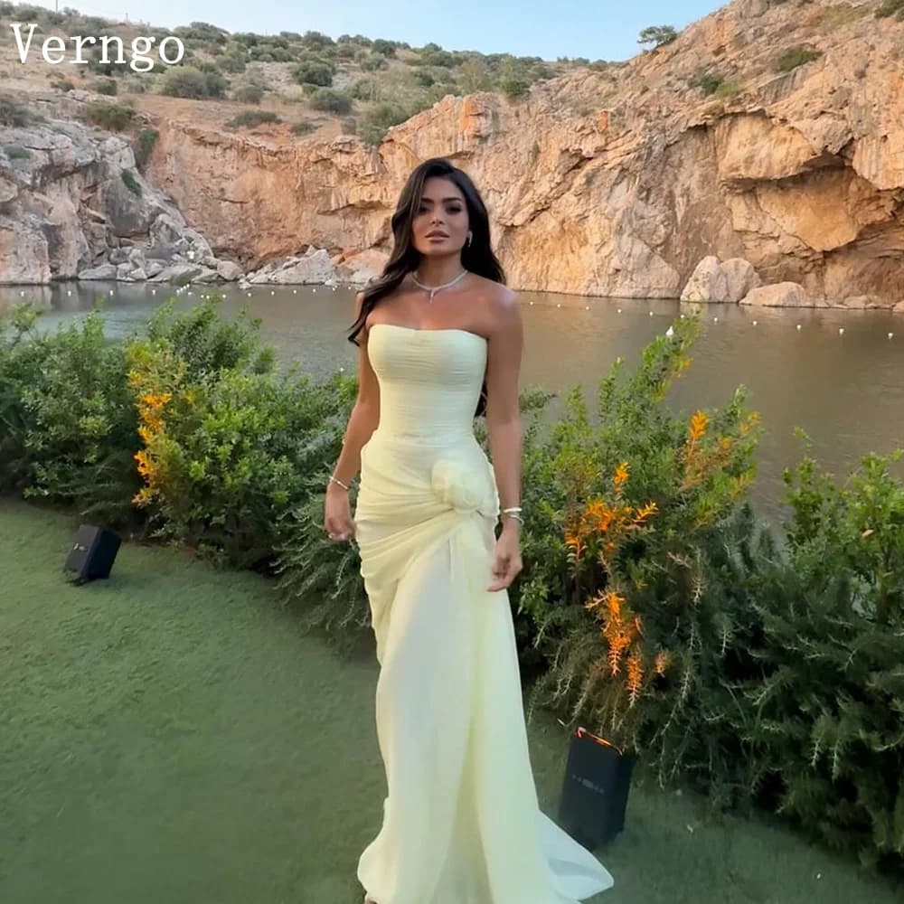Verngo Blush Yellow Chiffon Evening Dress Strapless Mermaid Formal Occasion Dresses Women 3D Fowers Prom Gowns Customized