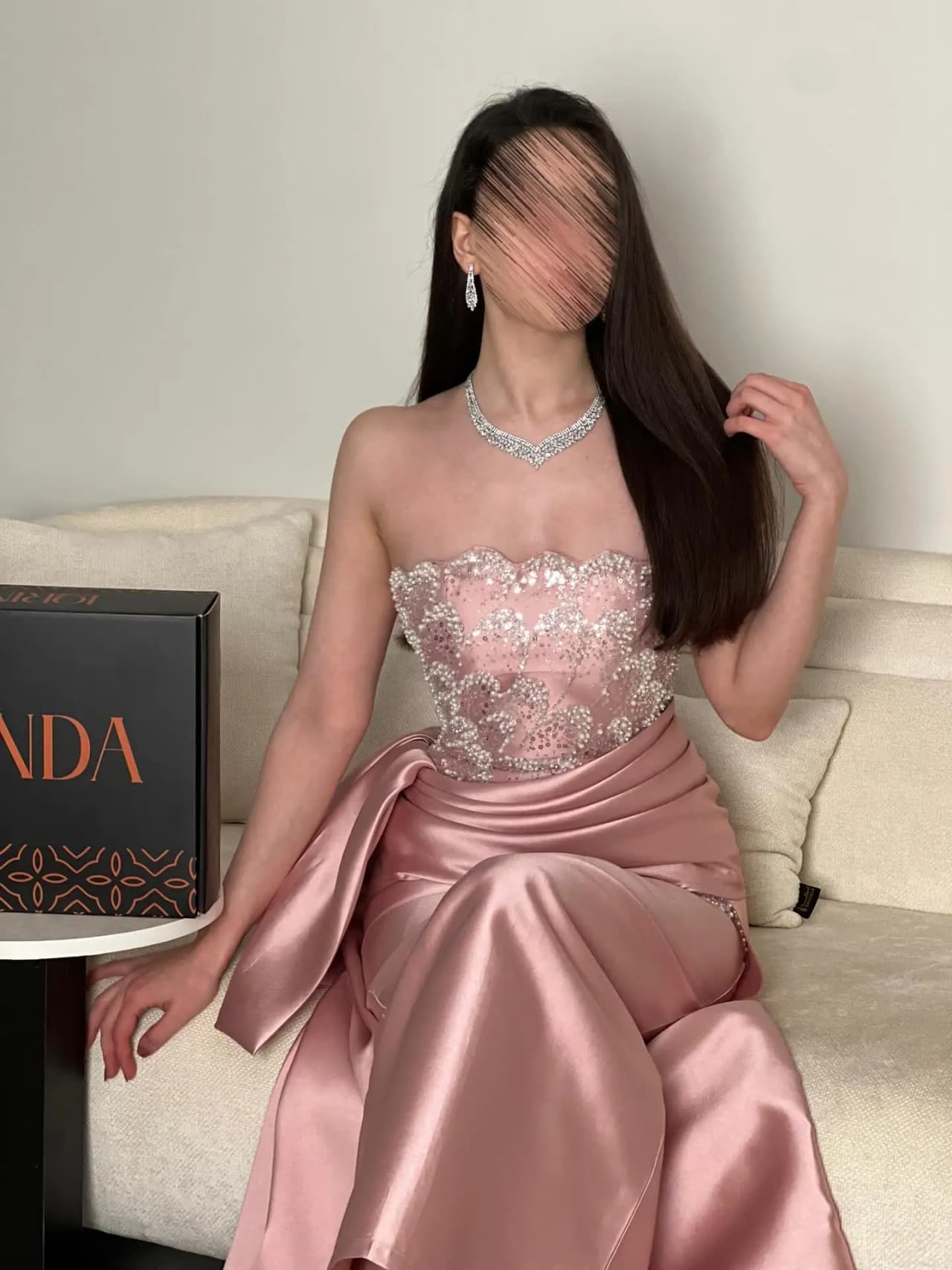 Ofherown Pink Satin Beaded Evening Dress Prom Gown Strapless Draped Overskirt Maxi Formal Party Dress For Women