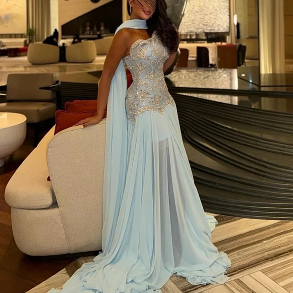 Light Blue Evening Dresses with Scarf Strapless Crystal Sequin Evening Gowns 2026 Mermaid Lace-up Wedding Party Dress Customized