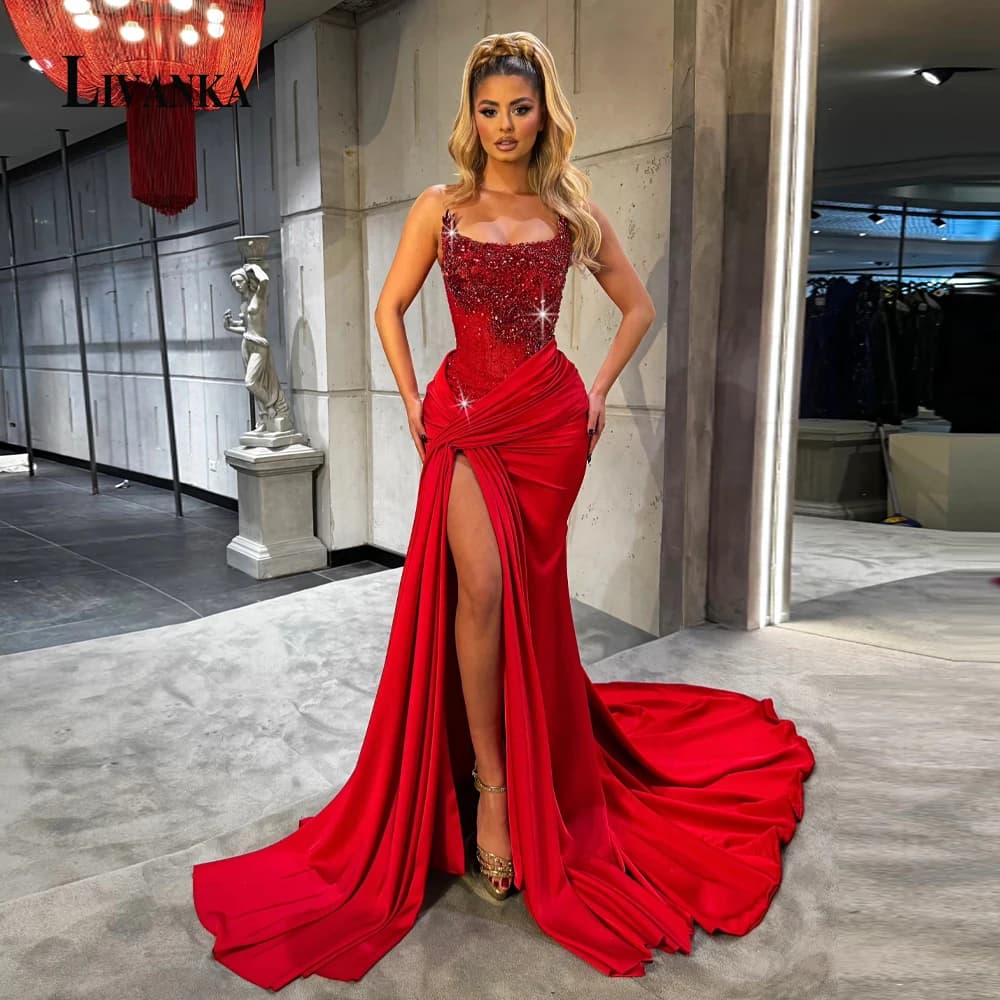 LIVANKA Mordern Mermaid Evening Dress for Woman Pleated Rhinestones Front Slit Saudi Arabric Vestidos De Noche Customized