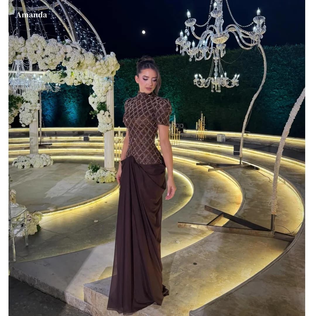 Amanda Customized Brown High Neck Short Sleeve Beaded Draped Chiffon Mermaid Floor Length Prom Dress Formal Evening Gown 2026