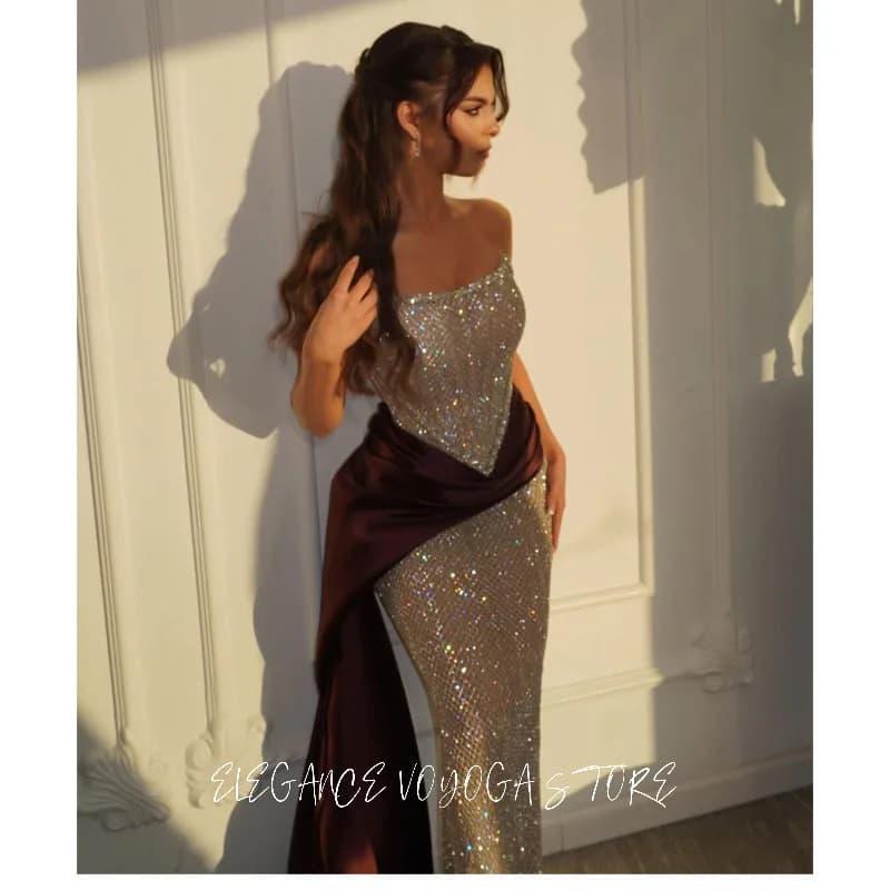 EVS Customized Strapless Party Dresses For Weddings With Slit Train Elegant Evening Dress Beaded Crystals Party Gowns