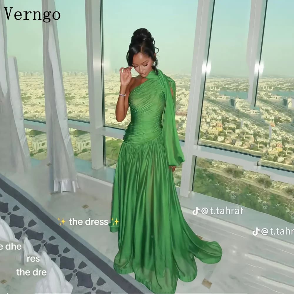 Verngo Green Shiny Evening Dress One Shoulder A Line Pleated Formal Occasion Dresses Maxi Prom Gowns Customized