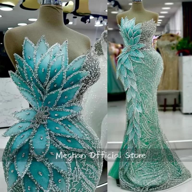 Aso Ebi Sage Prom Dresses Crystals Florals Evening Formal Party Reception Birthday Celebrity Engagement Gowns Dress Customized