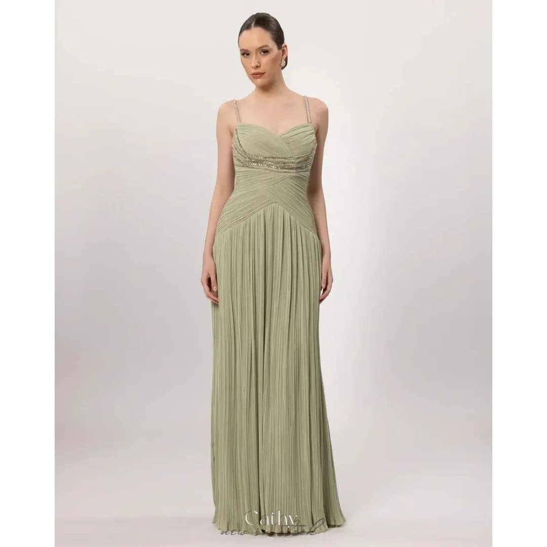 Cathy Customized Sage Green Spaghetti Strap Pleated Fabric Prom Dress Floor-Length vestidos de noche Pleated Draping Formal 2026