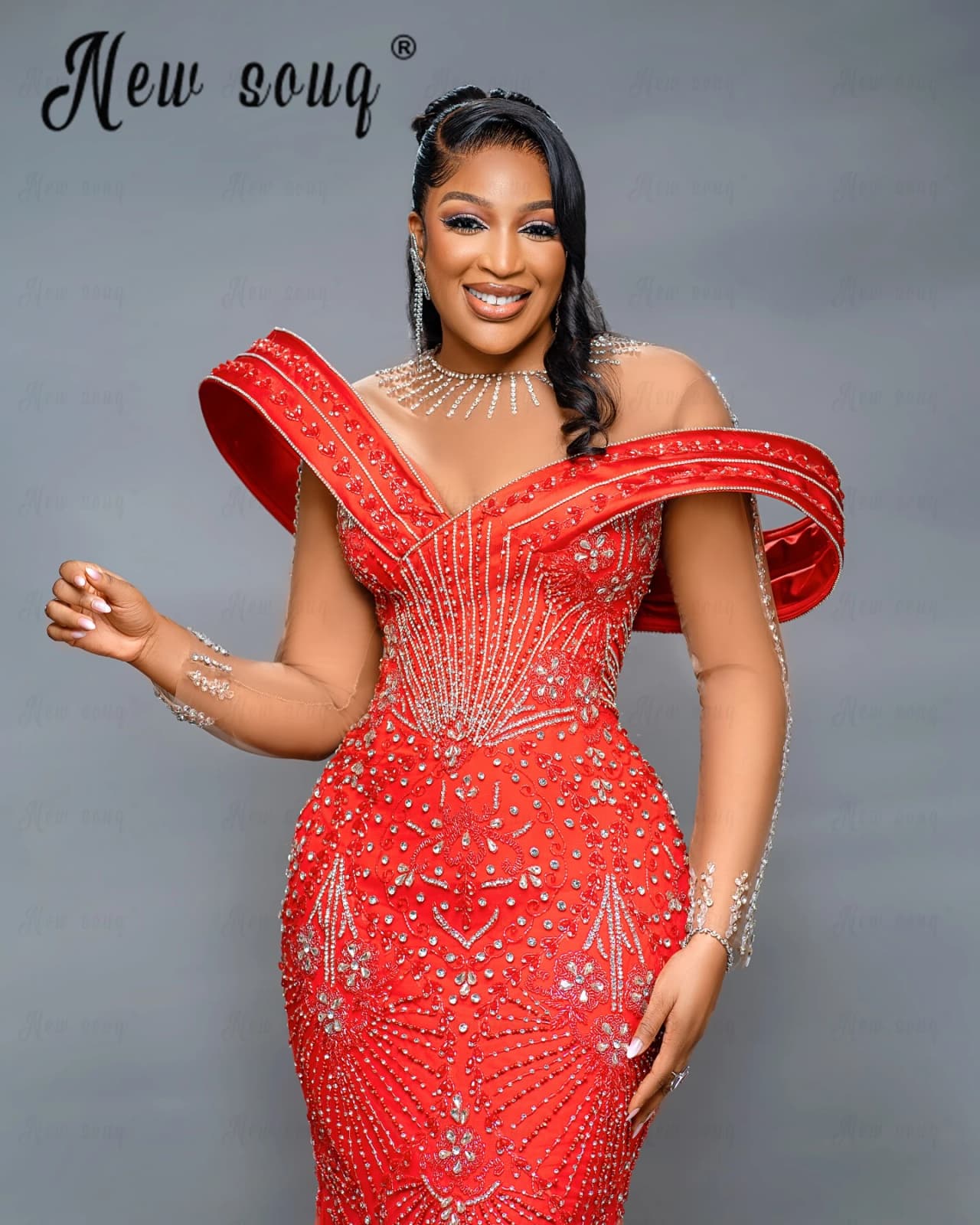 Newest Red Long Sleeve Off Shoulder Evening Dress Plus Size Wedding Guest Gowns Beading Mermaid Crystals Prom Dress Customized