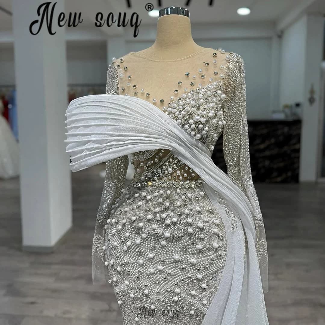 Luxury White Evening Dress Long Sleeves Wedding Party Gown Bridal Customized Pearls Dress 2026 Second Reception Dress Sheer Neck