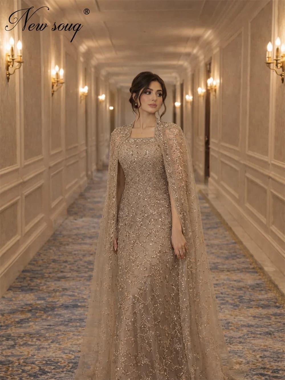 Champagne Mermaid Evening Dresses Cape Long Sleeves Beaded Wedding Party Dress Engagement Gowns Customized Robes De Soirée 2026