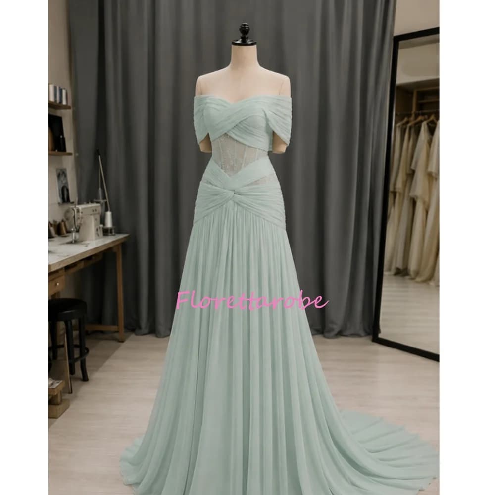 Off the Shoulder Pleated Evening Dresses Chiffon With Lace Prom Dress Sweep Train Luxury Party Gown Gala Vestidos Customized