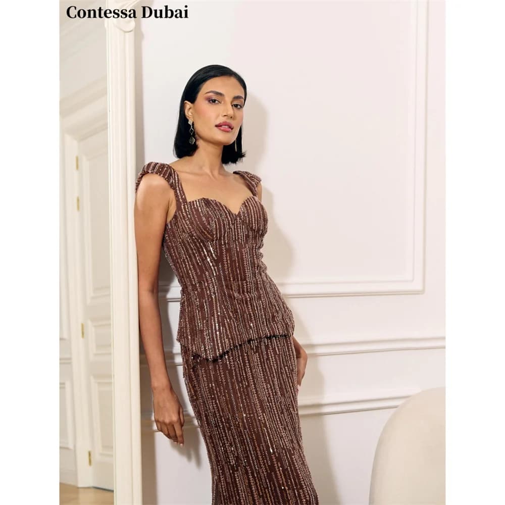 Contessa Custom Brown Sweetheart Evening Dress Two-Piece Beaded Prom Dresses Sequins Vestidos De Noche Mermaid Formal Evening