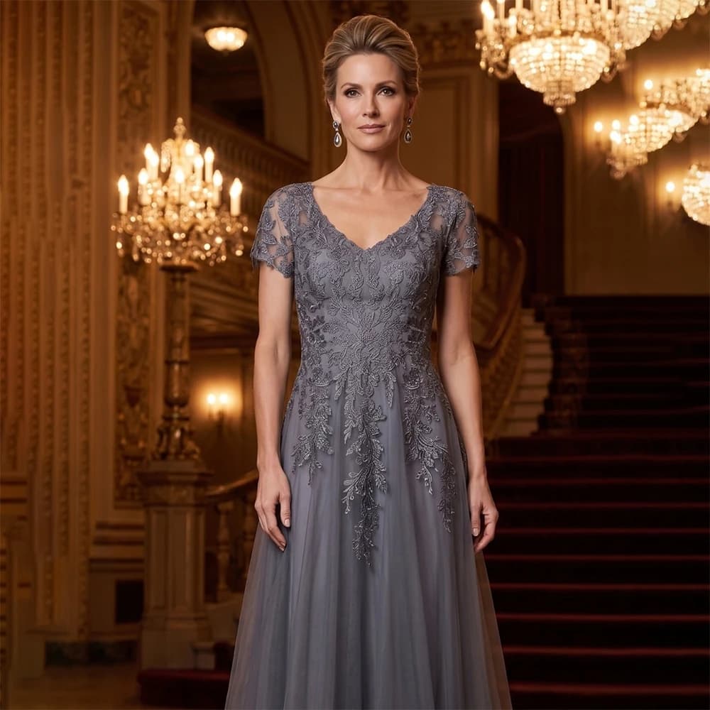 Elegant Lace Evening Dresses for Mother Short Sleeve Sweetheart Draped Chiffon Gowns Special Occasoin Featival Long Dress