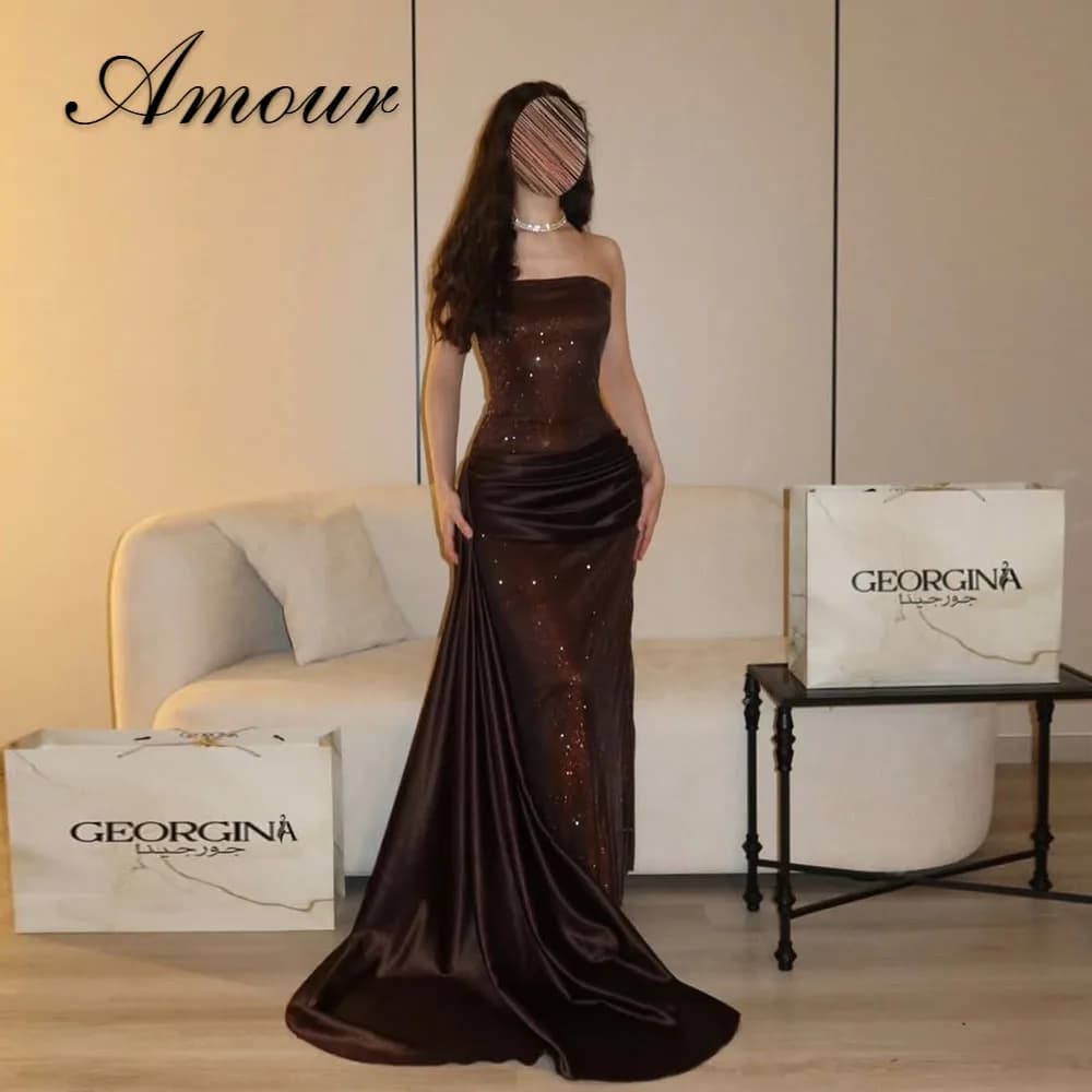 Amour Customized Saudi Luxury Shinny Floor-length Evening Dresses Kuwait Mermaid Court Train Sleeveless Strapless Party Gowns