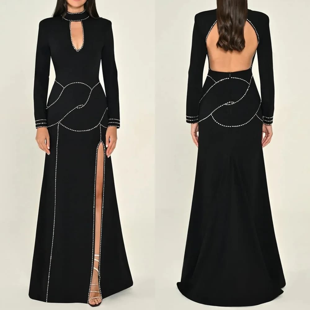 Customized Sizes Available Exquisite Jersey Rhinestone A-line High Collar Long Dresses Bespoke Occasion Dresses High Quality