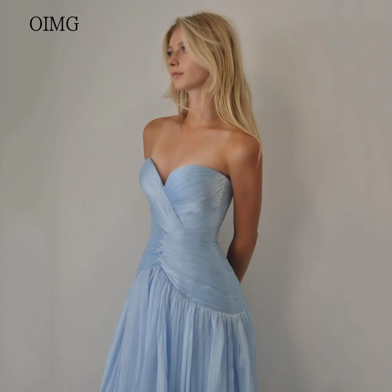 OIMG Sky Blue Sweetheart Neck A Line Prom Gowns Backless Pleated Formal Party Gown Floor Length Evening Dress Customized