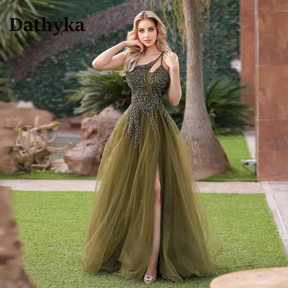 Dathyka Clssic One Shoulder Appliques Aline Pleated Evening Dress with Slit Sleeveless Vestidos De Gala 2026 Customized