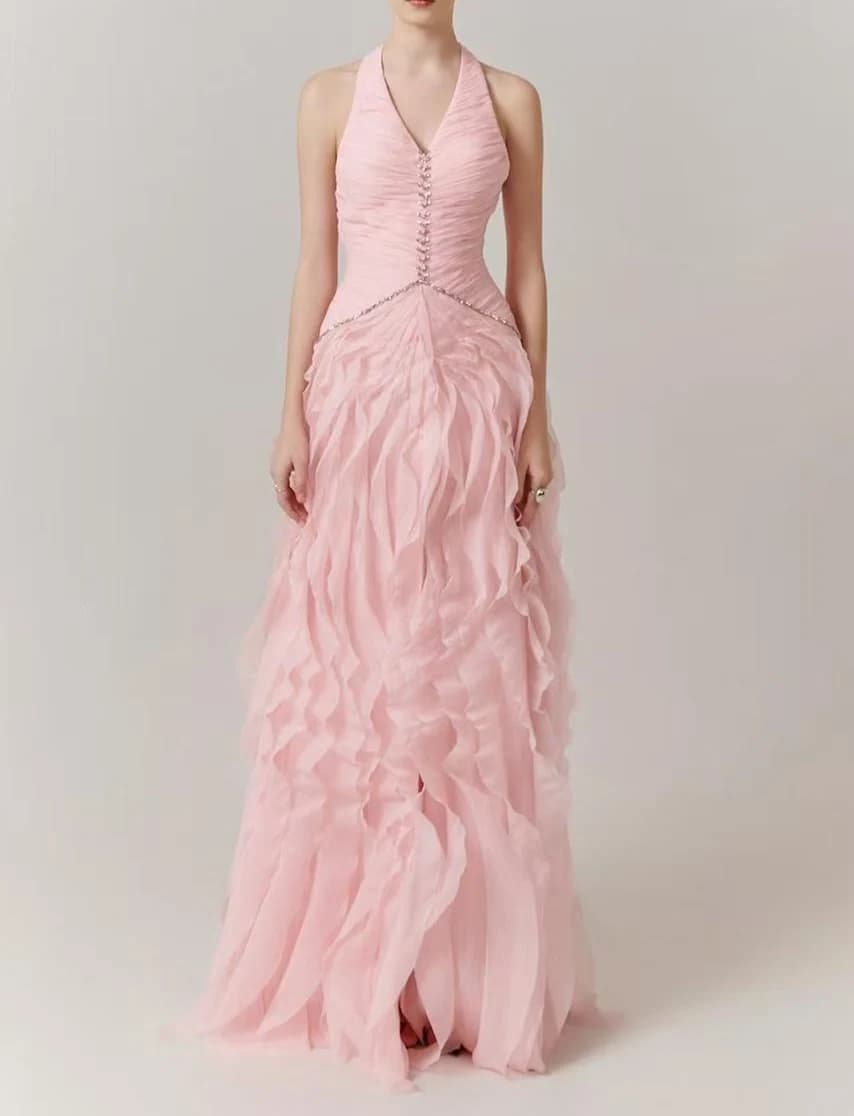 Customized Evening Dress Blush Pink Halter V-Neck Ruched Bodice High-Low Ruffled Chiffon Gown with Front Slit and Crystal