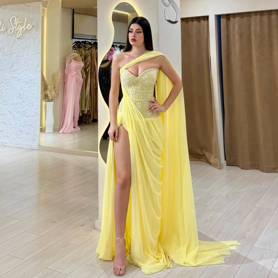 Side Slit Evening Dresses with Shawl Wrap Lace Appliqued Party Dress Flowy Chiffon Prom Gown Exquisite Vestidos Customized