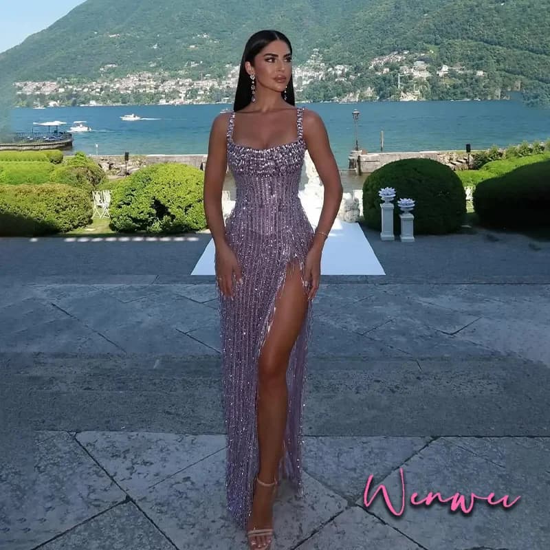 E.C.S. Exquisite Prom Dress Shiny Elegant Party Dress Custom Luxury Spaghetti Strap Beaded Split Mermaid Dress for Special