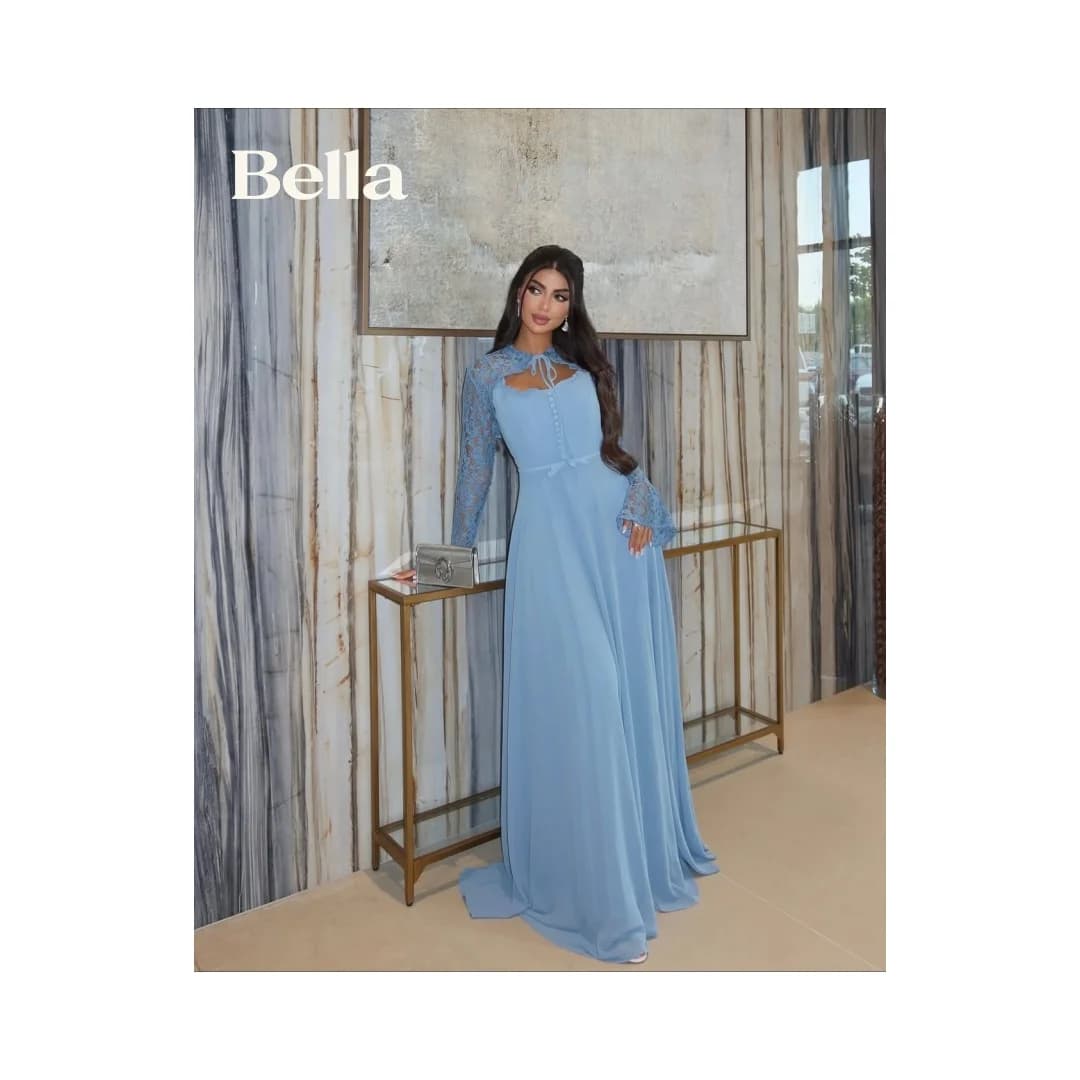 Bella Customized Soft Delicate Lace Gown Women Dusty Blue Long Flare Sleeve Maxi Dress Hollow Tie Neck Lace Formal Evening 2026