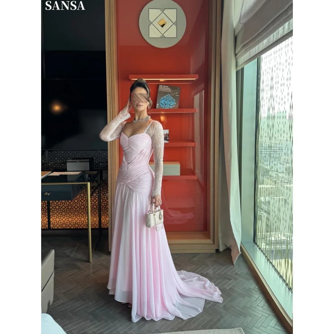Sansa Customized 2026 Elegant Pink Prom Dresses Ruched Lace Long Sleeve Chiffon Train Formal Evening Gowns Vestidos De Noche