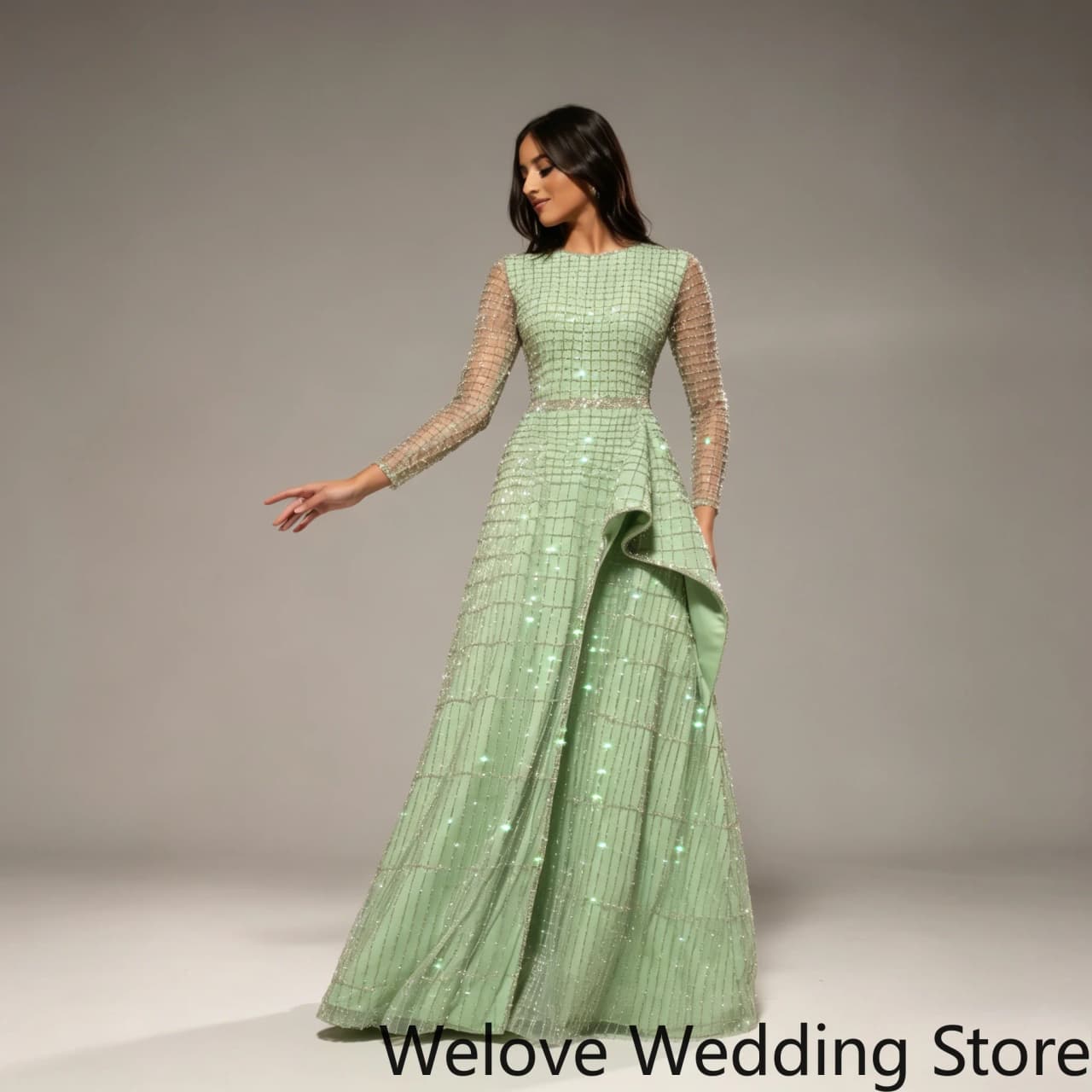 Customized Green Formal Evening Dress with Round Neck Sheer Long Sleeves Full‑Body Grid‑Pattern Sparkling Crystal Beading