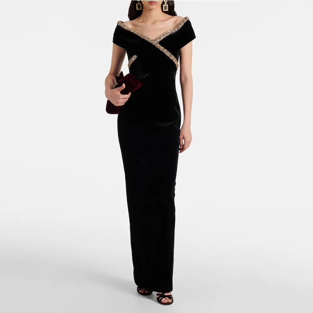 Mermaid Black Women's Evening Gown Sheath Saudi Dress V Neck Beading Formal Party Dress Floor Length Slit Sleeveless Prom Dress
