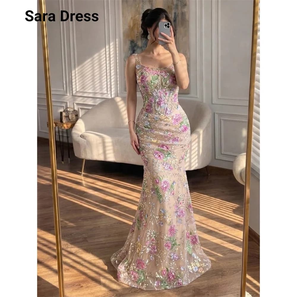 Sara Custom Floral Lace Spaghetti Straps Fishtail Floor Length Elegant Party Dress for Women Luxury Prom Dresses 2026 Evening