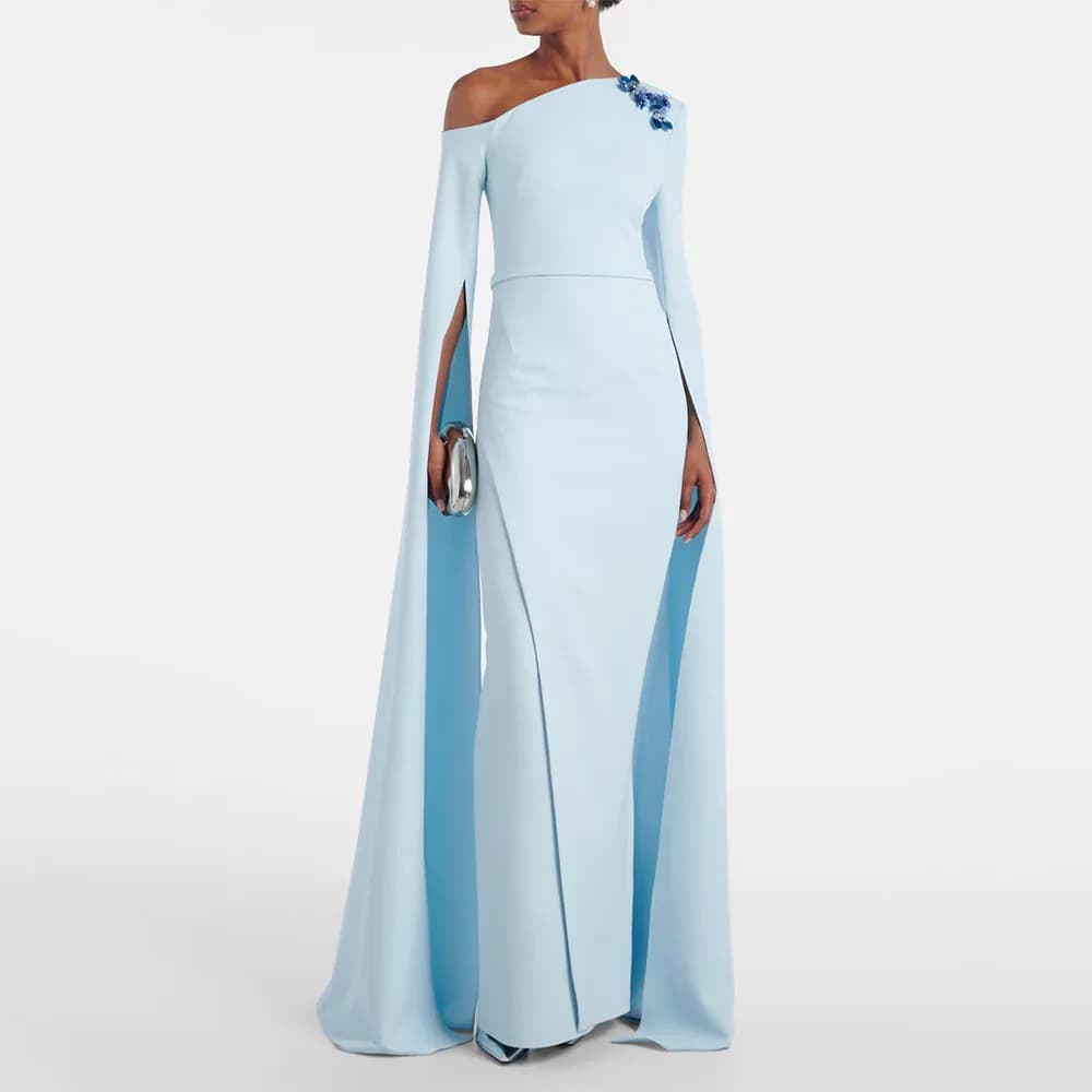Sky Blue Women's Evening Gown Mermaid Floor Length Formal Party Dress One Shoulder Long Sleeves Saudi Dress Beading Prom Dress