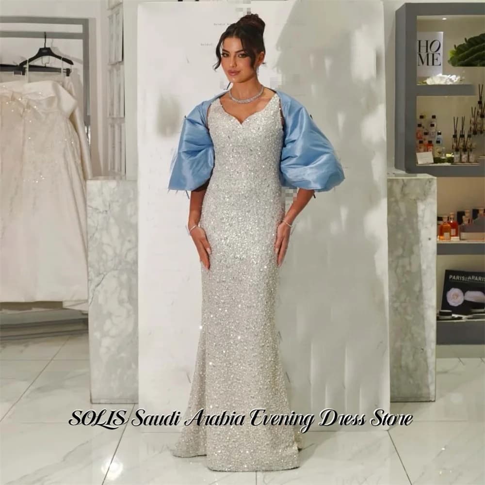 SOLIS Sliver and Blue 프롬 드레 Off the Shoulder Detachable Sleeves Prom Gown Wrap Hips Party Dress for Formal Event Customized