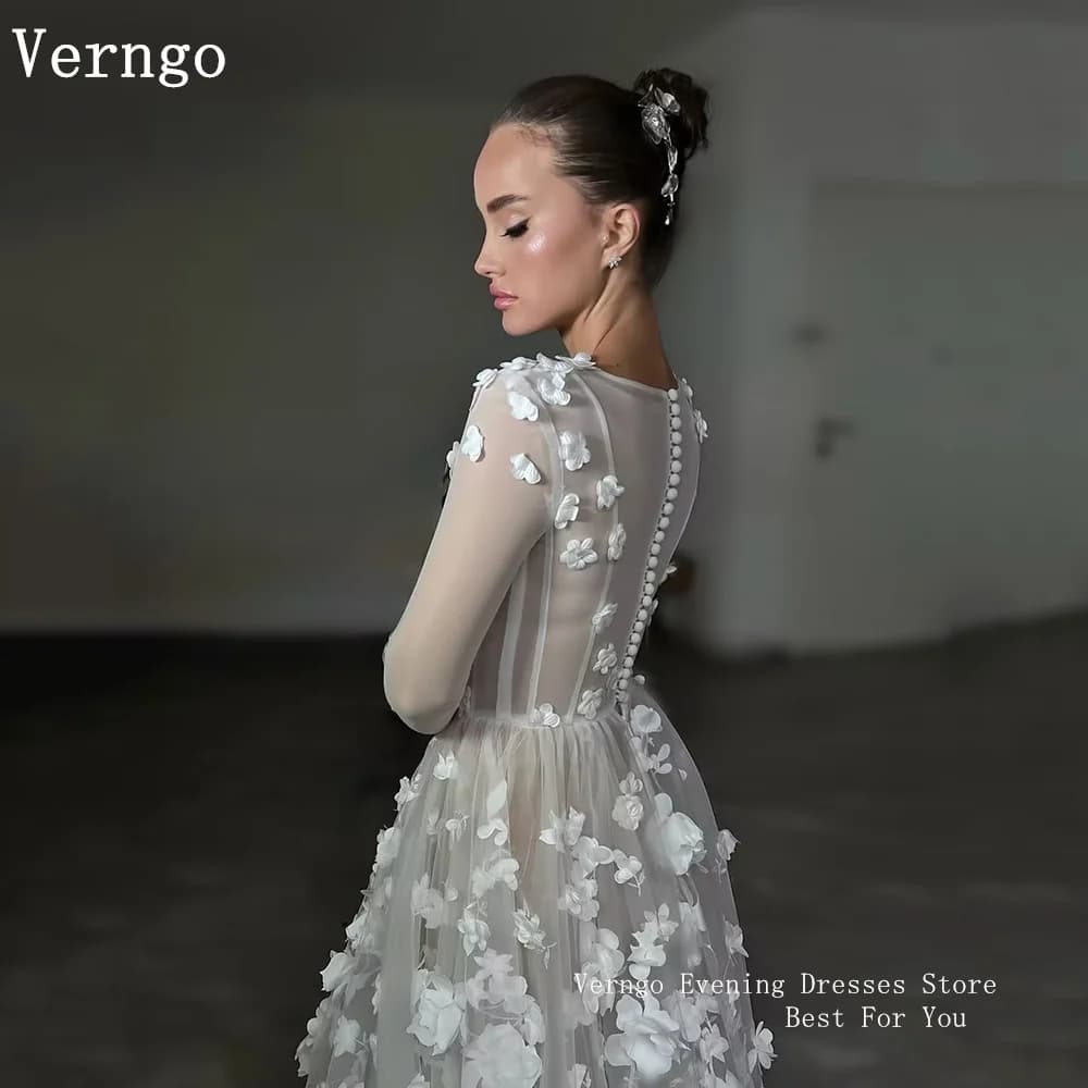 Verngo Elegant 3D Flowers Evening Dress O Neck Full Sleeves Prom Gowns Modest A Line Full Sleeves Party Dresses Customized