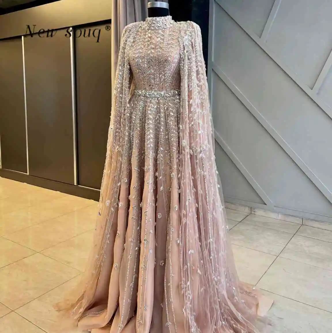 Middle East Blush Pink Beaded Muslim Long Sleeves Evening Dresses with Cape Customized A Line High Neck Modest Gowns for Arabian