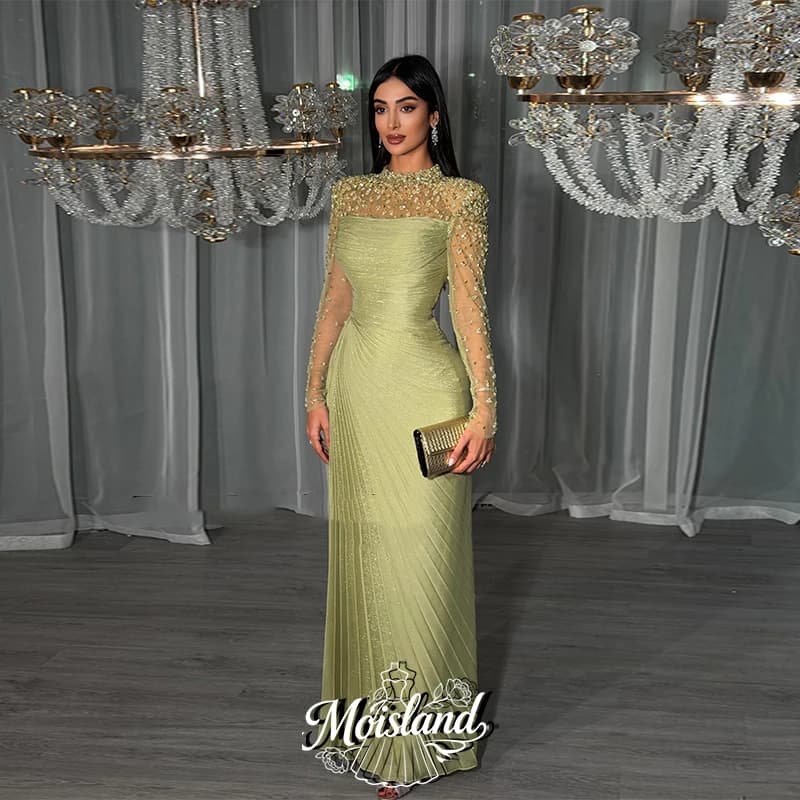 MOISLAND Customized Sage Green Long Sleeves Evening Dresses High Neck Pleated Beaded Prom Dresses Floor Length Party Dresses