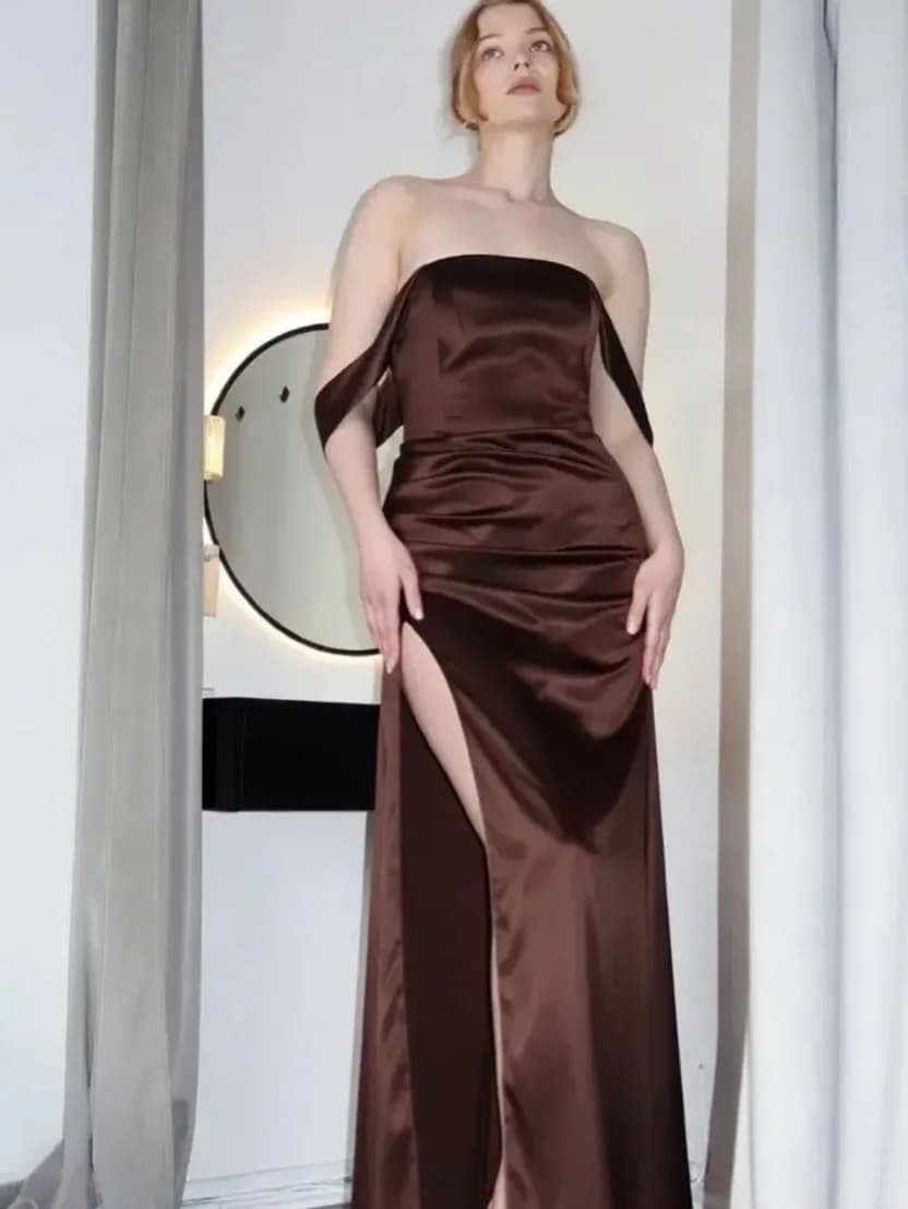 Lili's Chocolate Brown Satin Maxi Dress | Off Shoulder Draped High Slit Formal Gown for Women | Lilis Elegant Evening Party Dres