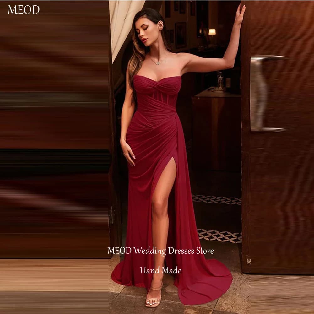 MEOD Satin A Line Evening Dresses Formal Sweetheart Elegant Prom Gowns Sleeveless High Slit Floor Length Party Attire Customized
