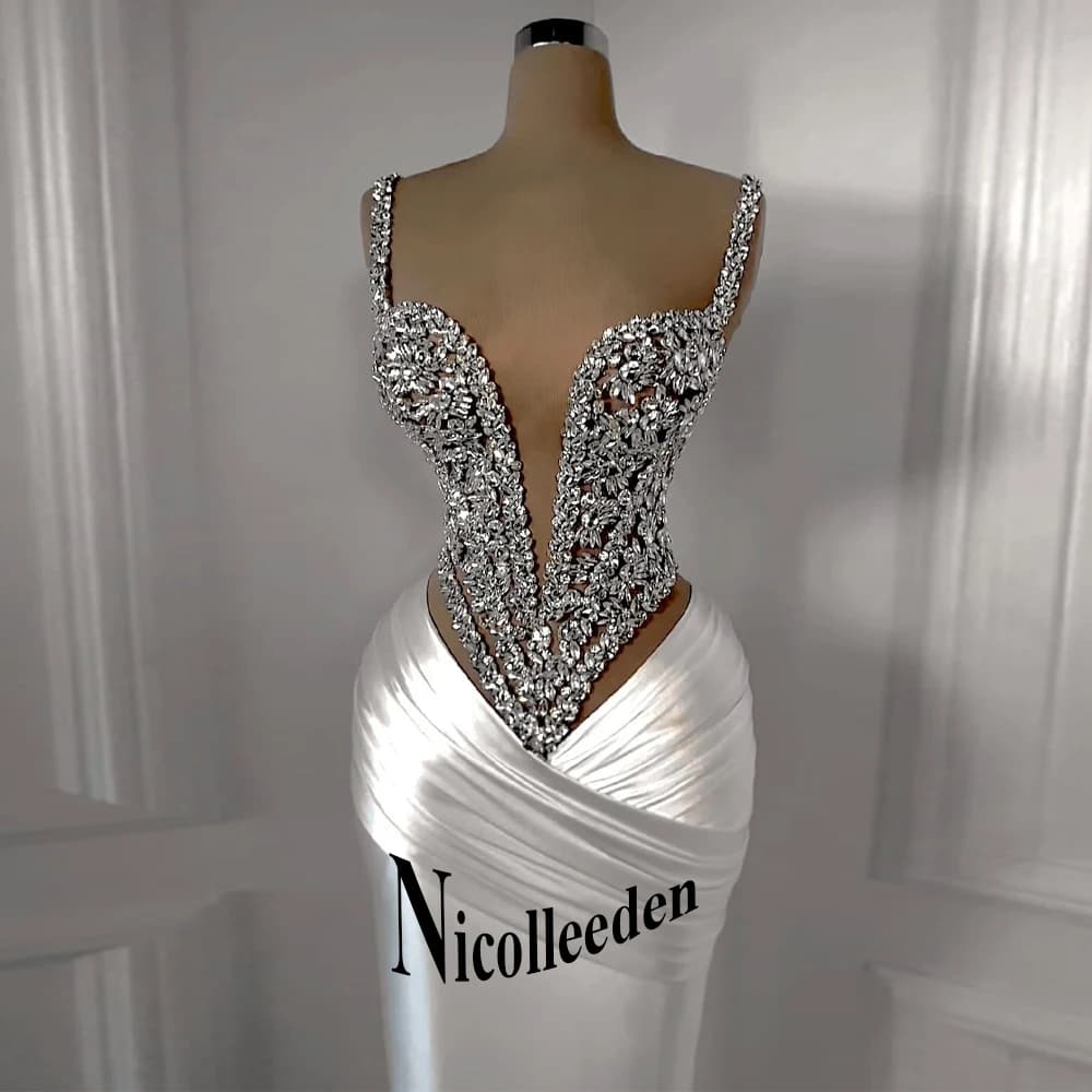 Nicolle Charming Spaghetti Straps Evening Dresses for Women Rhinestones Pageant Celebrity Dresses Vestidos De Gala Customized