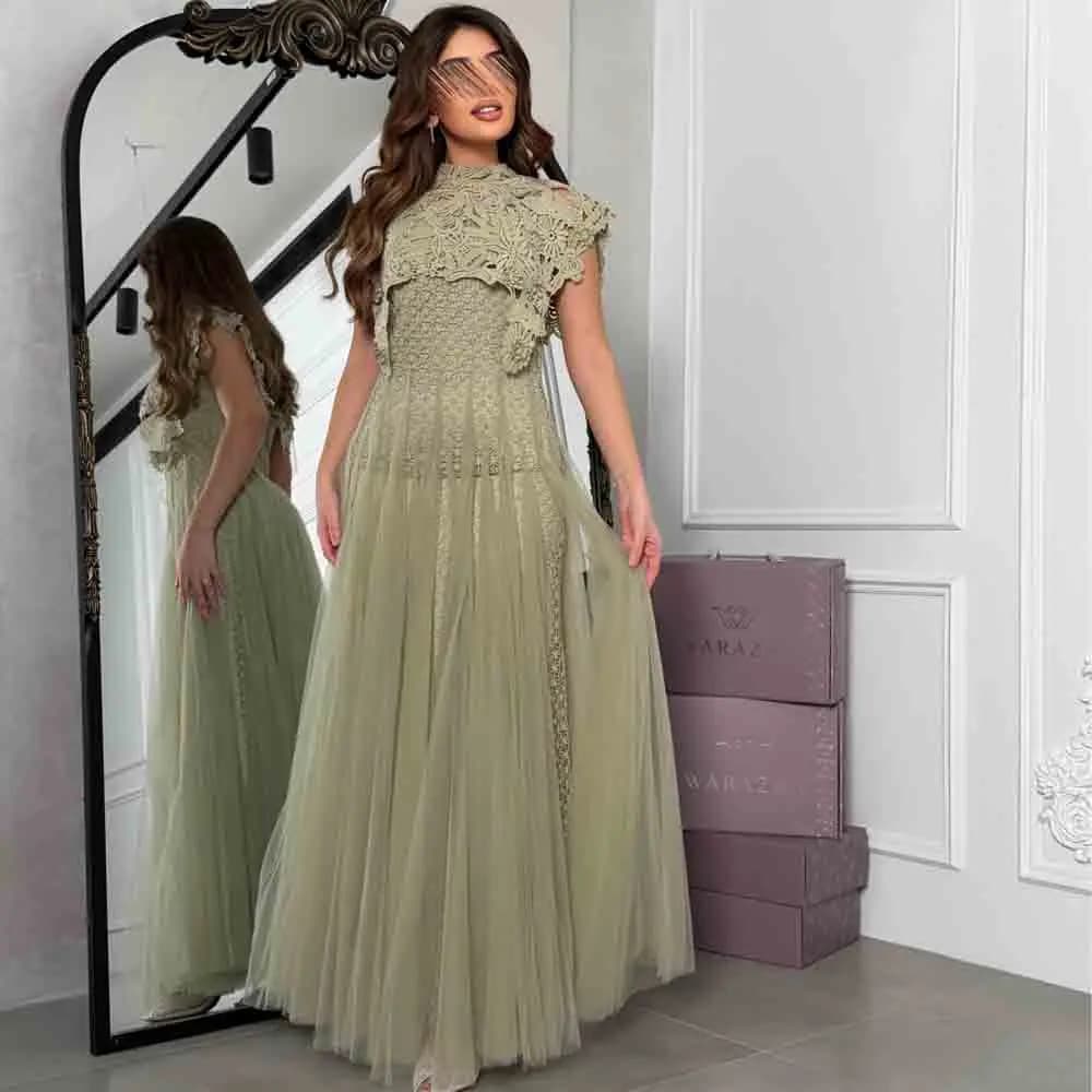 Customized Modest Evening Dress 3D Floral Lace Bodice Prom Gown A Line Floor Length Tulle Formal Maxi Dresses