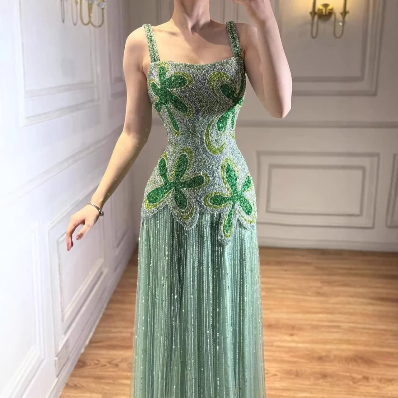 Serene Hill 2026 Luxury Arabic Green Beaded Mermaid Evening Dress Elegant Spaghetti Strap Formal Gown BLA73332 Customized