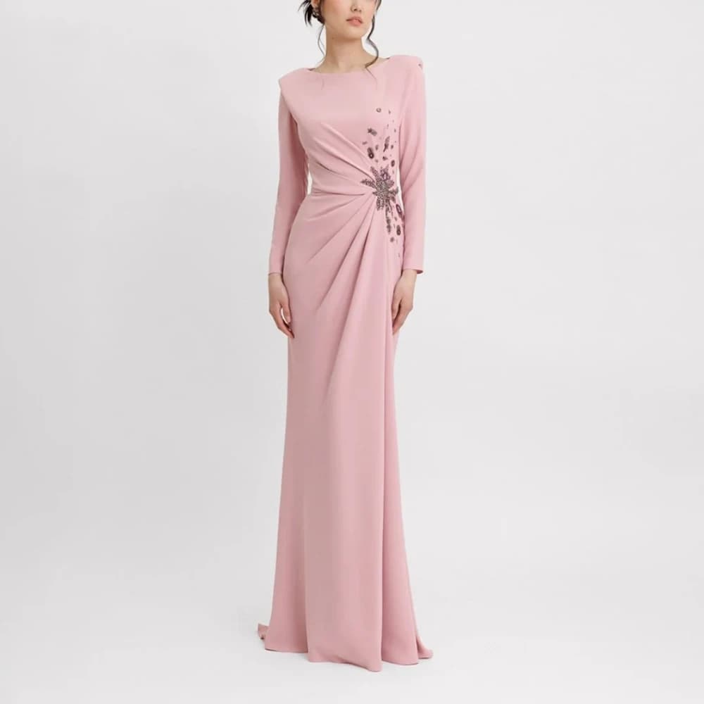 Pink Evening Dress Customized O-Neck Long Sleeves Straight Evening Gowns for Women 2026 Floor Length Elegant Formal Party Dress