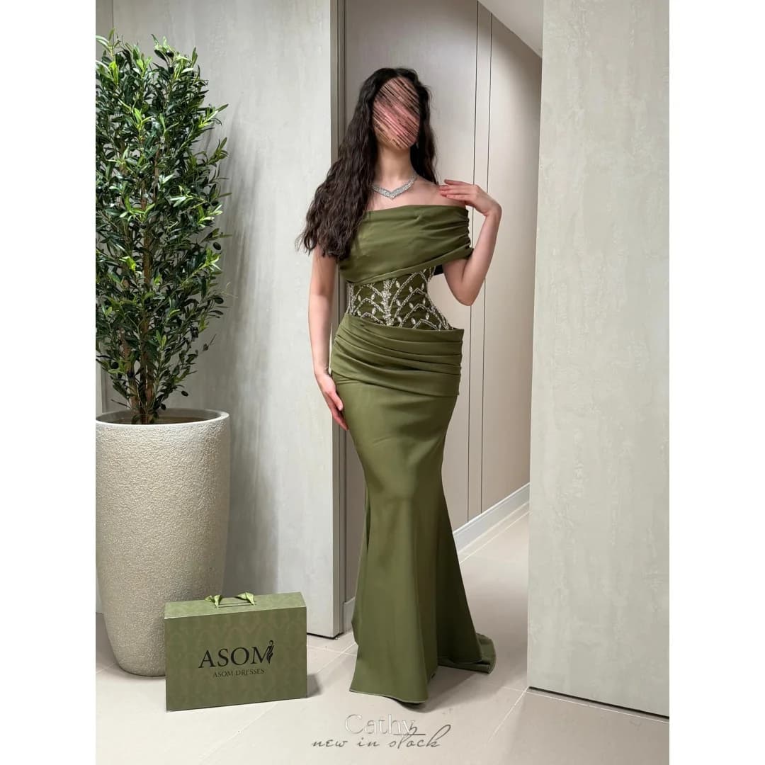 Cathy Customized Olive Green Off Shoulder Sleeveless Prom Dress Floor-Length vestidos de noche Crystal Draped Evening Dresses