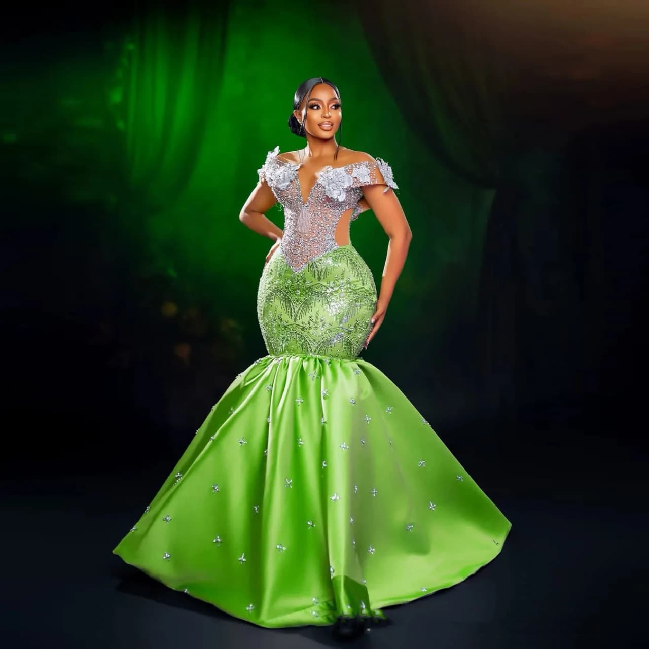 Gorgeous Flower Prom Dresses Beading Mermaid Prom Gowns Bead Off Shoulder Plus Size Green Formal Dress Crystals Satin