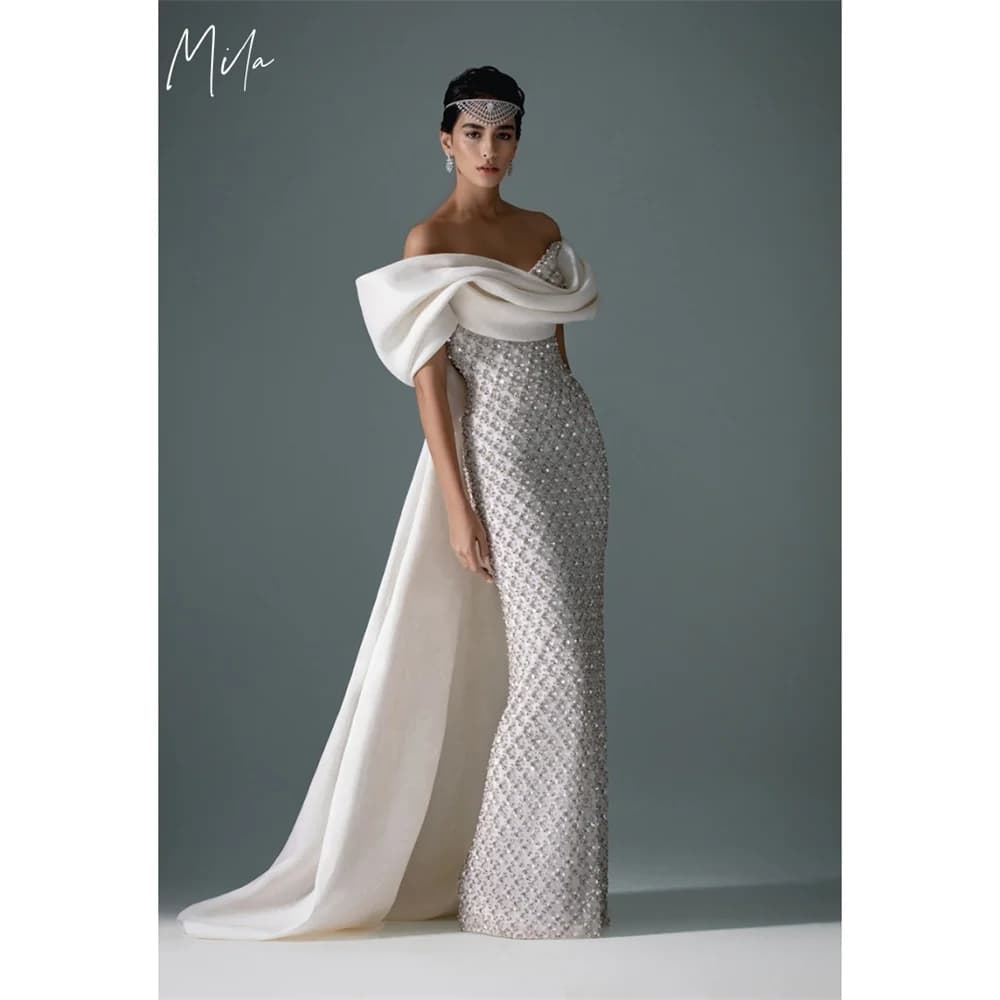 Mila White Off Shoulder Prom Dress Mermaid Short Sleeves Customized Luxurious Women Evening Dresses Shawl vestidos de fiesta