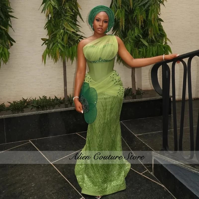 Nigerian Green One Shoulder Mermaid Evening Dresses African Formal Gown Luxury Beaded Lace Wedding Party Dress Asoebi Prom Dress