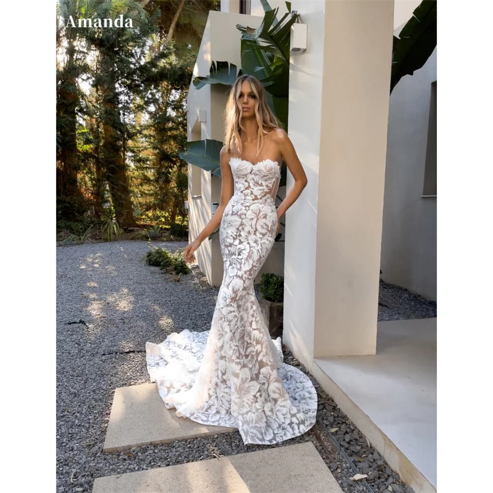 Amanda Customized White Mermaid Lace Embroidery Prom Dresses Strapless Sleeveless vestidos de noche Court Train Wedding Party